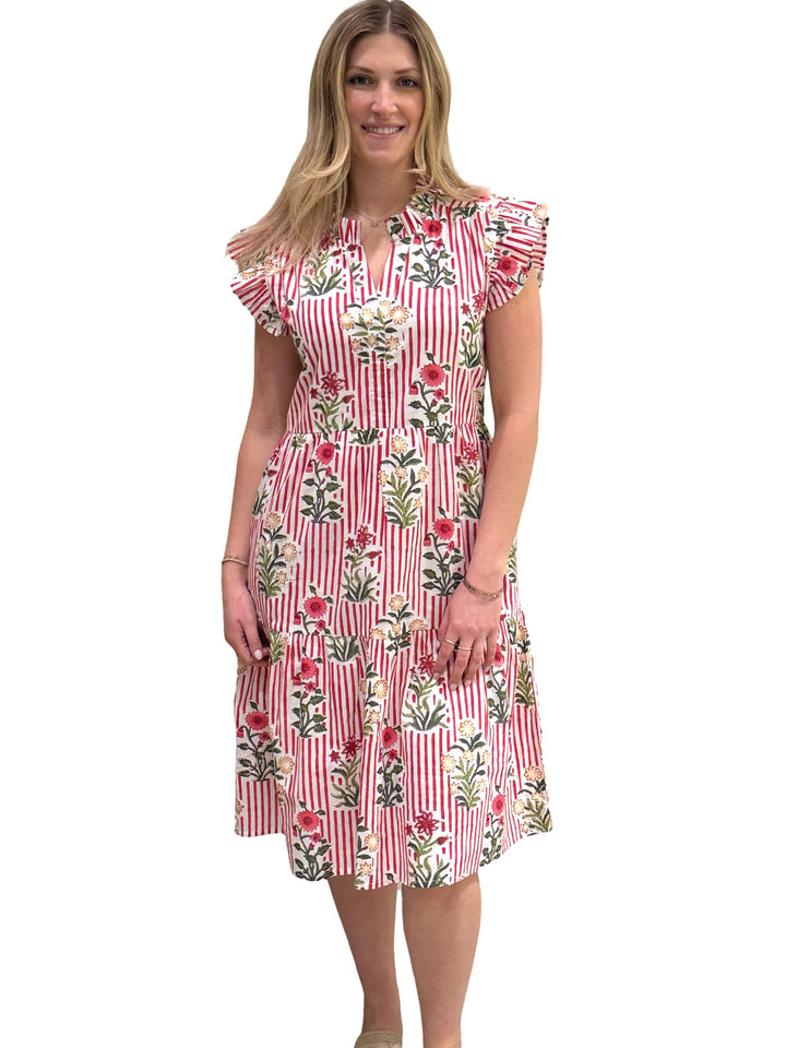The Campbell Striped Midi Length Dress in Red Striped Hand Blocked Floral — view 3