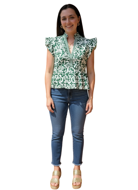 The Bella Ruffle Top in Emerald Green and White — view 2