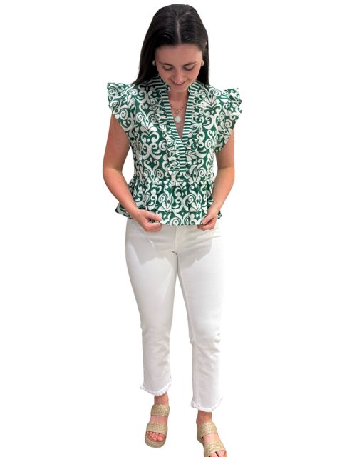 The Bella Ruffle Top in Emerald Green and White — view 4