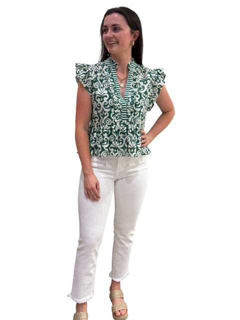 The Bella Ruffle Top in Emerald Green and White — view 3