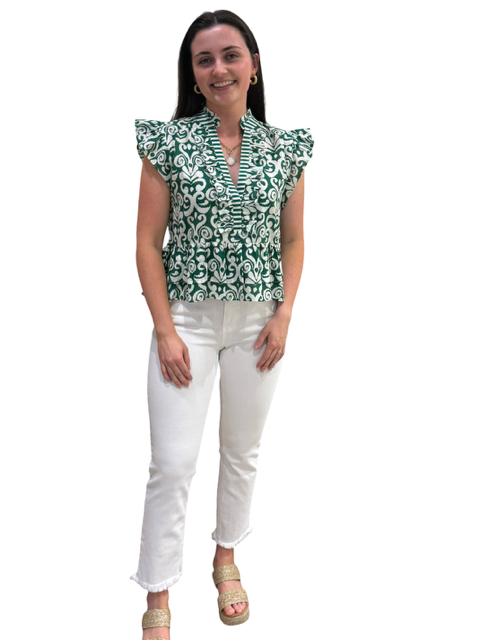The Bella Ruffle Top in Emerald Green and White