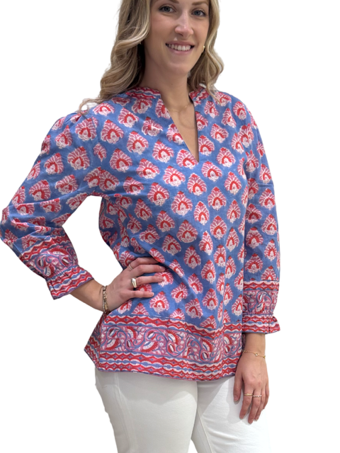 The Melody Cotton Hand Block Printed Top in Blue Red — view 3