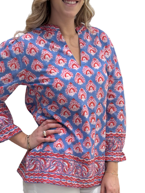 The Melody Cotton Hand Block Printed Top in Blue Red — view 4