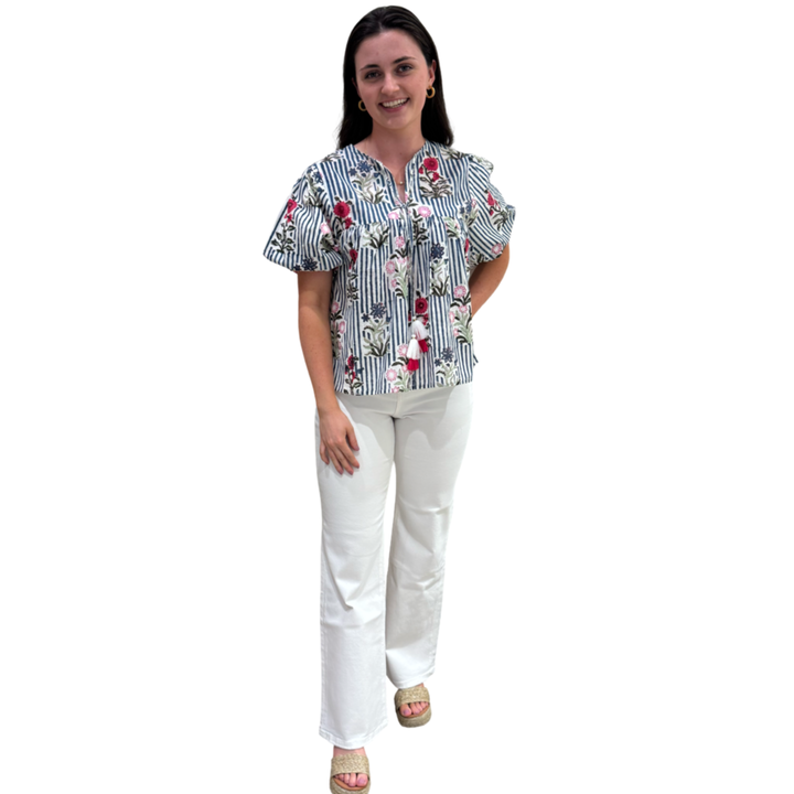 The Poppy Puff Sleeve Top in Blue Striped Floral Hand-Blocked Cotton — view 2