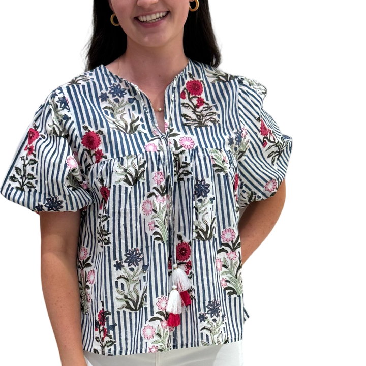 The Poppy Puff Sleeve Top in Blue Striped Floral Hand-Blocked Cotton — view 7