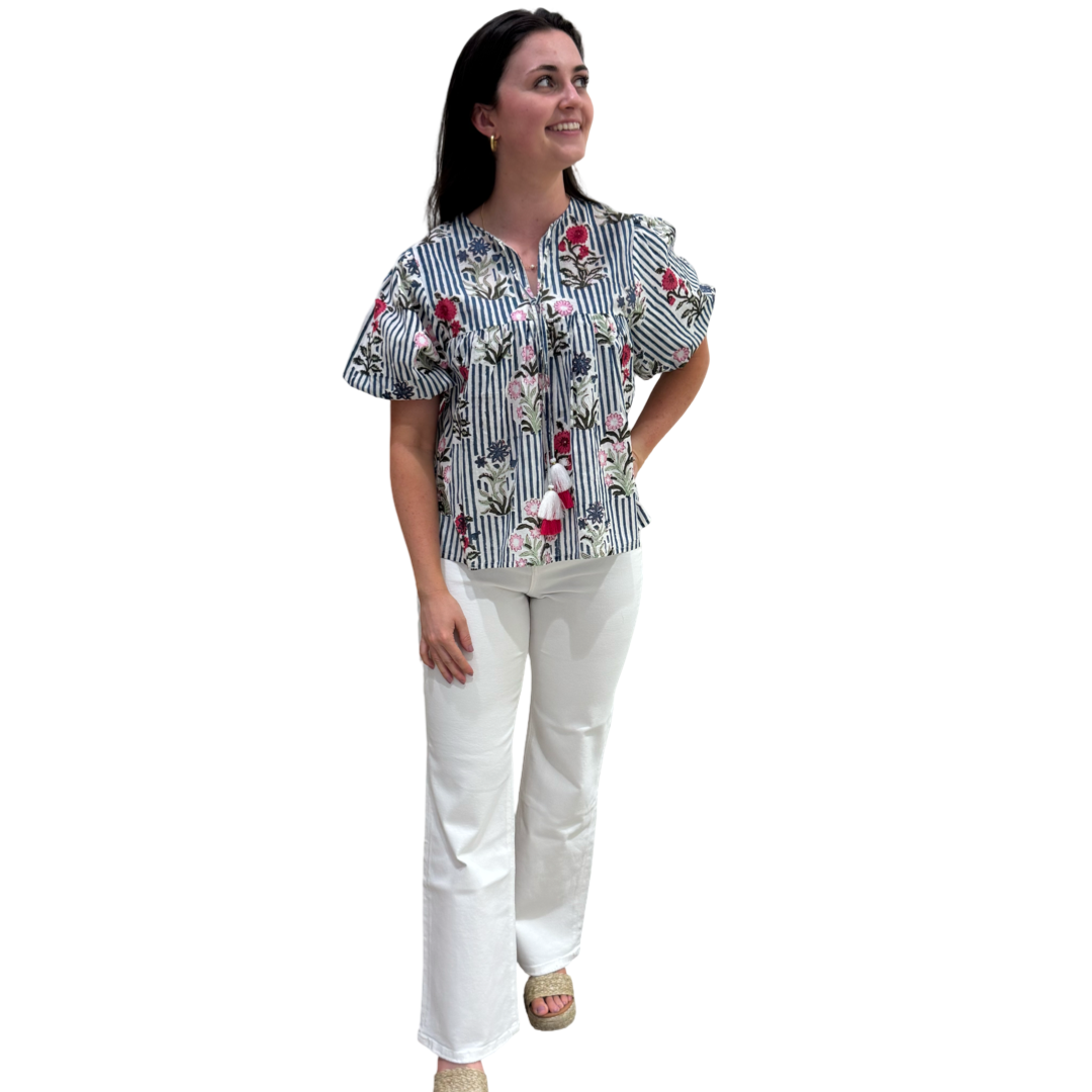 The Poppy Puff Sleeve Top in Blue Striped Floral Hand-Blocked Cotton — view 5