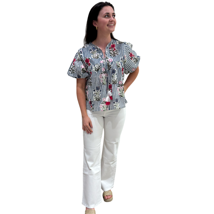 The Poppy Puff Sleeve Top in Blue Striped Floral Hand-Blocked Cotton — view 5