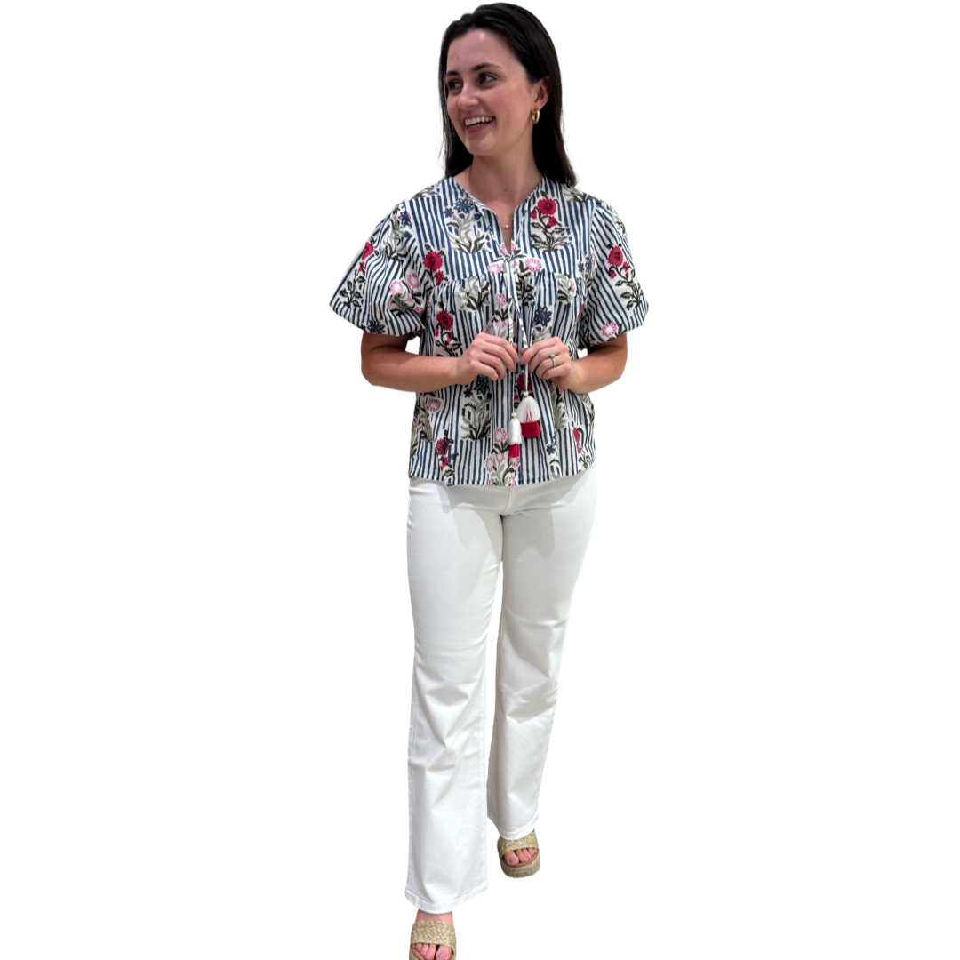 The Poppy Puff Sleeve Top in Blue Striped Floral Hand-Blocked Cotton