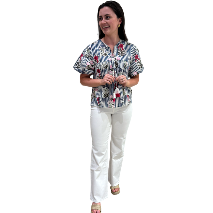 The Poppy Puff Sleeve Top in Blue Striped Floral Hand-Blocked Cotton