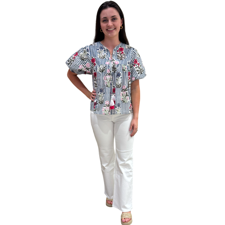 The Poppy Puff Sleeve Top in Blue Striped Floral Hand-Blocked Cotton — view 4