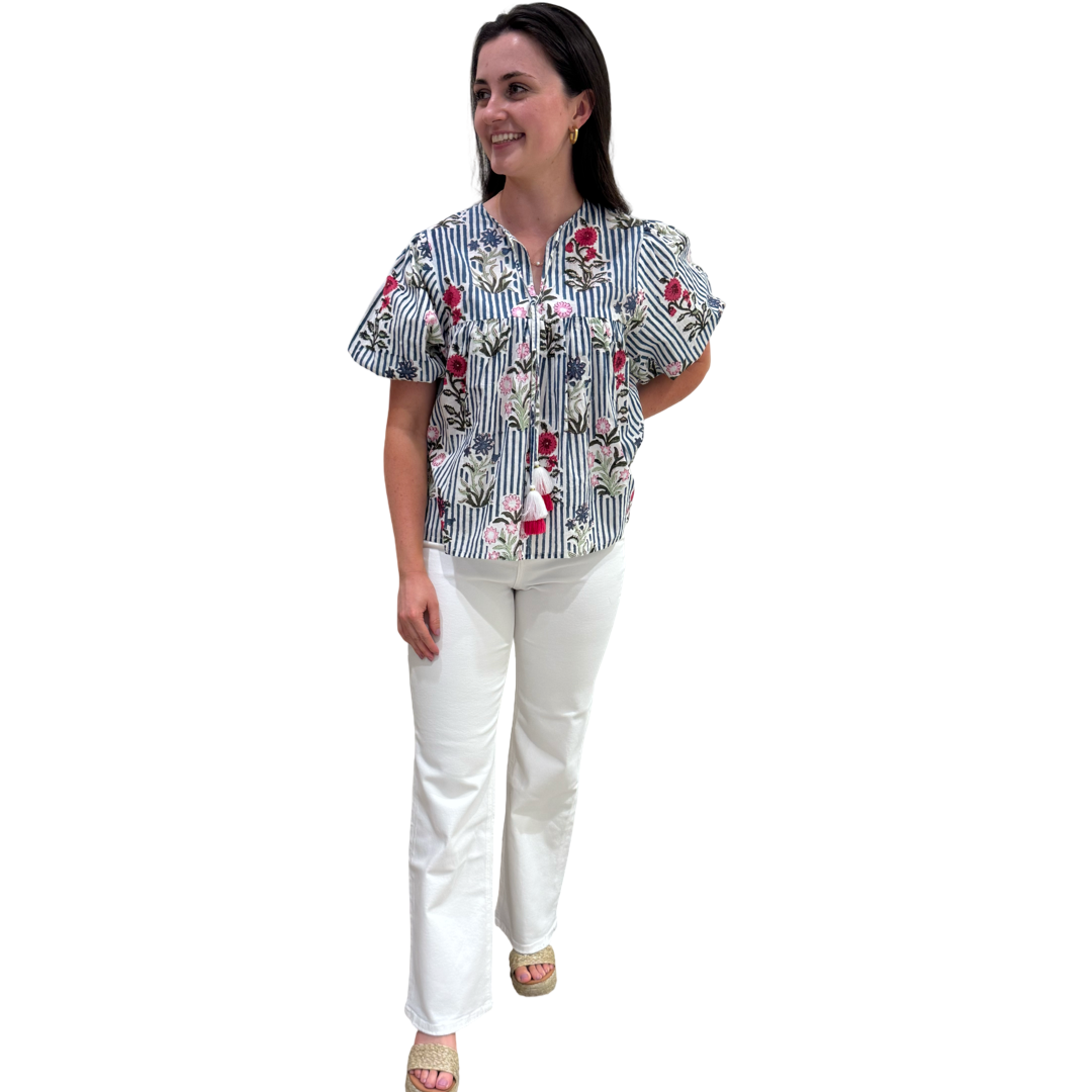 The Poppy Puff Sleeve Top in Blue Striped Floral Hand-Blocked Cotton — view 3