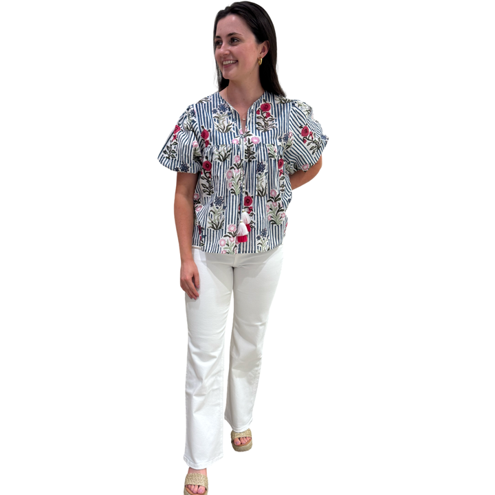 The Poppy Puff Sleeve Top in Blue Striped Floral Hand-Blocked Cotton — view 3