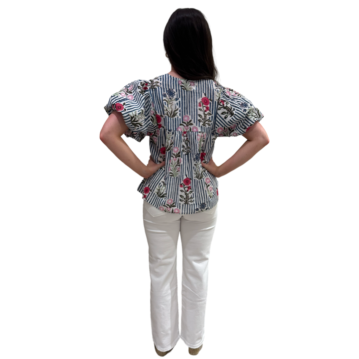The Poppy Puff Sleeve Top in Blue Striped Floral Hand-Blocked Cotton — view 8