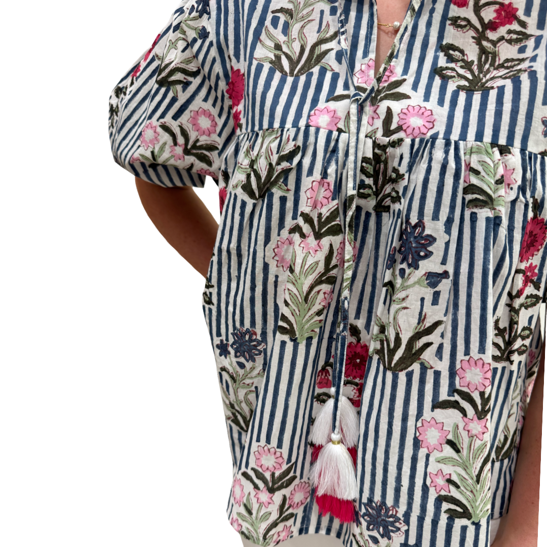 The Poppy Puff Sleeve Top in Blue Striped Floral Hand-Blocked Cotton — view 6