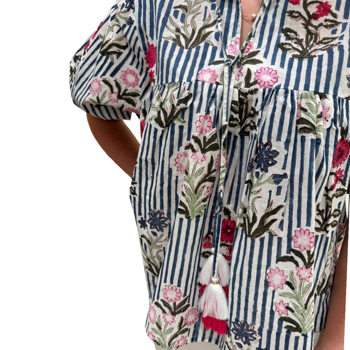 The Poppy Puff Sleeve Top in Blue Striped Floral Hand-Blocked Cotton — view 6