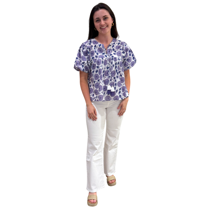 The Poppy Puff Sleeve Top in Lavender Hand-Blocked Cotton Floral — view 3