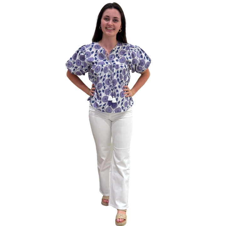 The Poppy Puff Sleeve Top in Lavender Hand-Blocked Cotton Floral — view 4