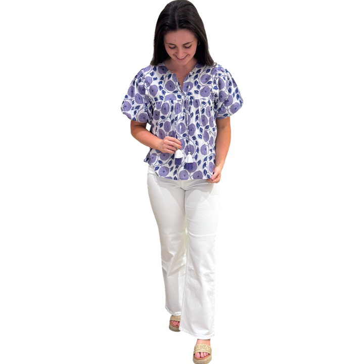 The Poppy Puff Sleeve Top in Lavender Hand-Blocked Cotton Floral — view 2