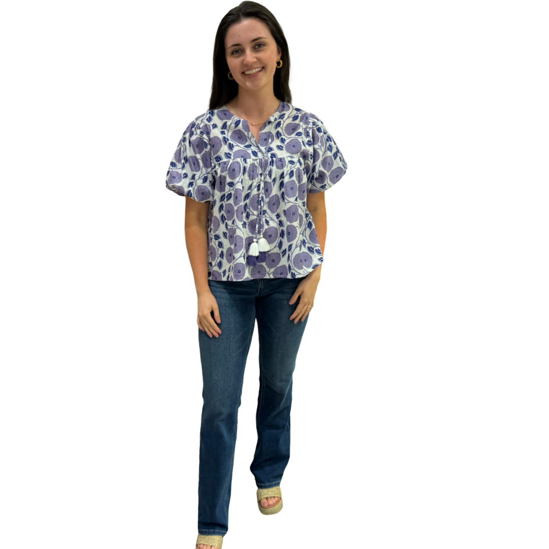 The Poppy Puff Sleeve Top in Lavender Hand-Blocked Cotton Floral — view 5