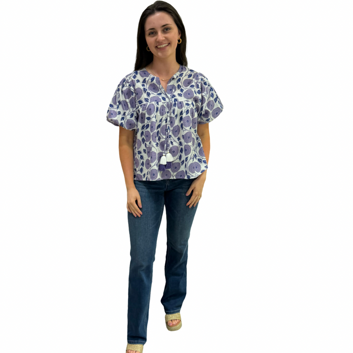 The Poppy Puff Sleeve Top in Lavender Hand-Blocked Cotton Floral — view 5
