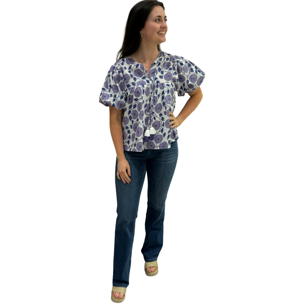 The Poppy Puff Sleeve Top in Lavender Hand-Blocked Cotton Floral — view 6