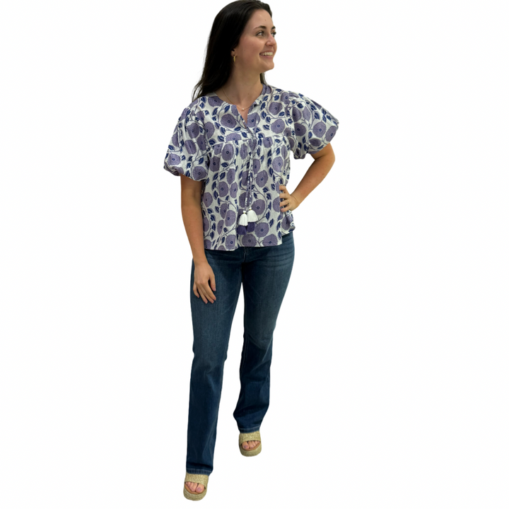 The Poppy Puff Sleeve Top in Lavender Hand-Blocked Cotton Floral — view 6