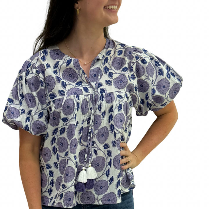 The Poppy Puff Sleeve Top in Lavender Hand-Blocked Cotton Floral — view 7