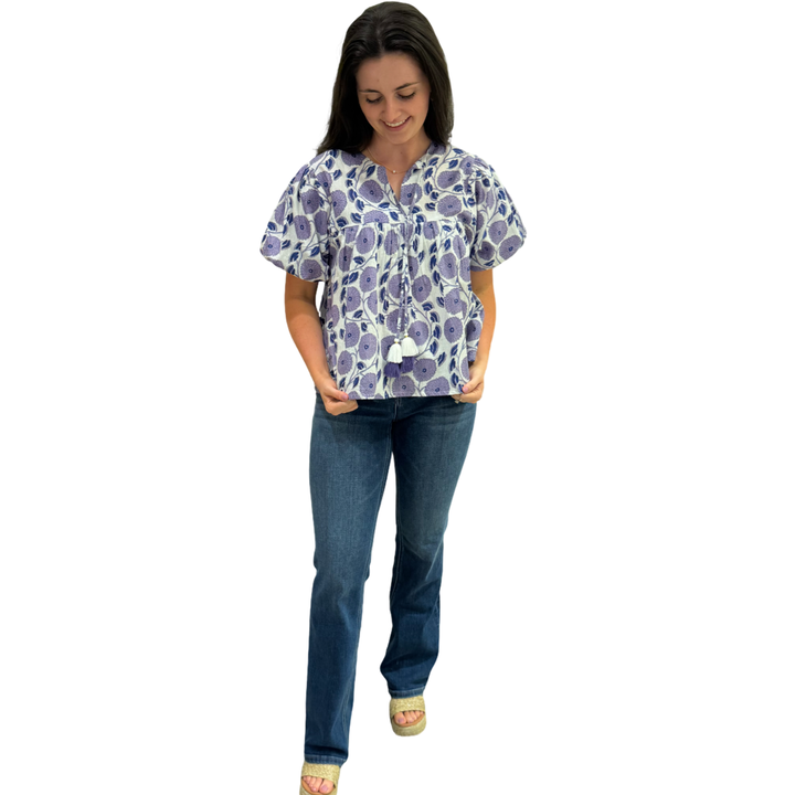 The Poppy Puff Sleeve Top in Lavender Hand-Blocked Cotton Floral — view 10