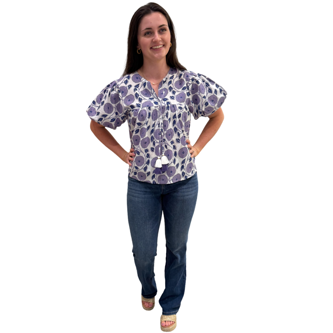The Poppy Puff Sleeve Top in Lavender Hand-Blocked Cotton Floral — view 9