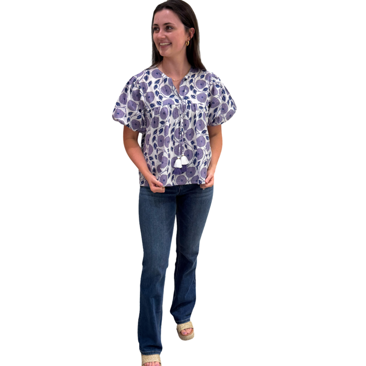 The Poppy Puff Sleeve Top in Lavender Hand-Blocked Cotton Floral — view 8