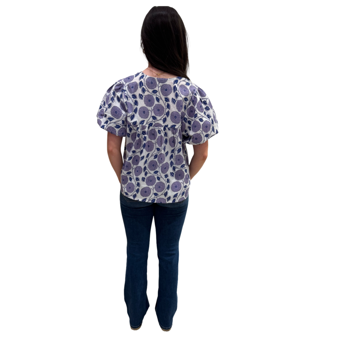 The Poppy Puff Sleeve Top in Lavender Hand-Blocked Cotton Floral — view 11
