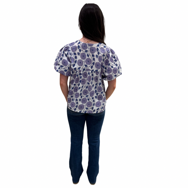 The Poppy Puff Sleeve Top in Lavender Hand-Blocked Cotton Floral — view 11