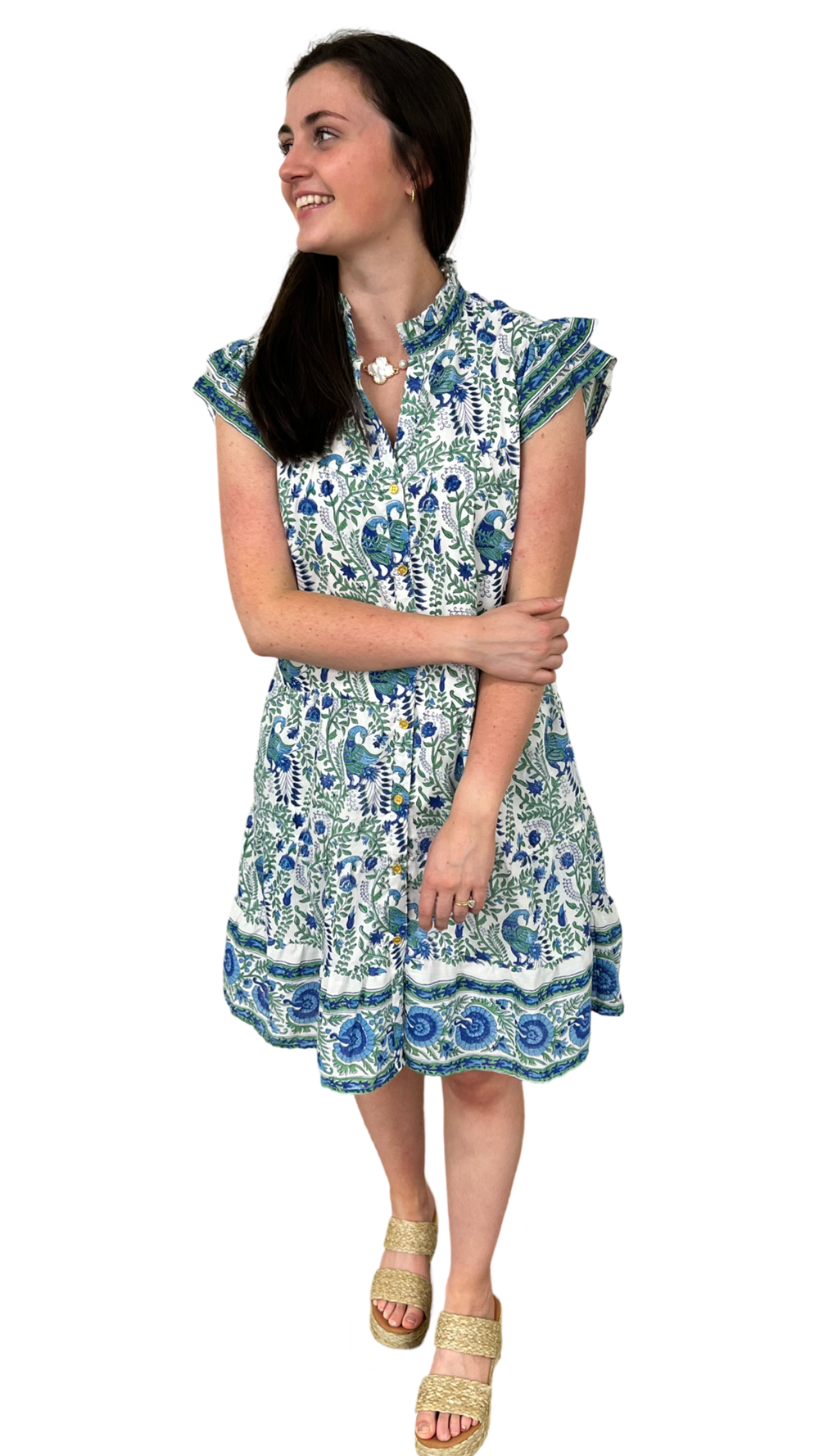The Lacey Geen and Blue Border Print Cotton Dress — view 2