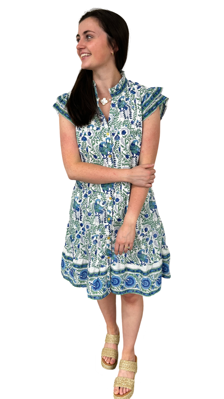 The Lacey Geen and Blue Border Print Cotton Dress — view 2