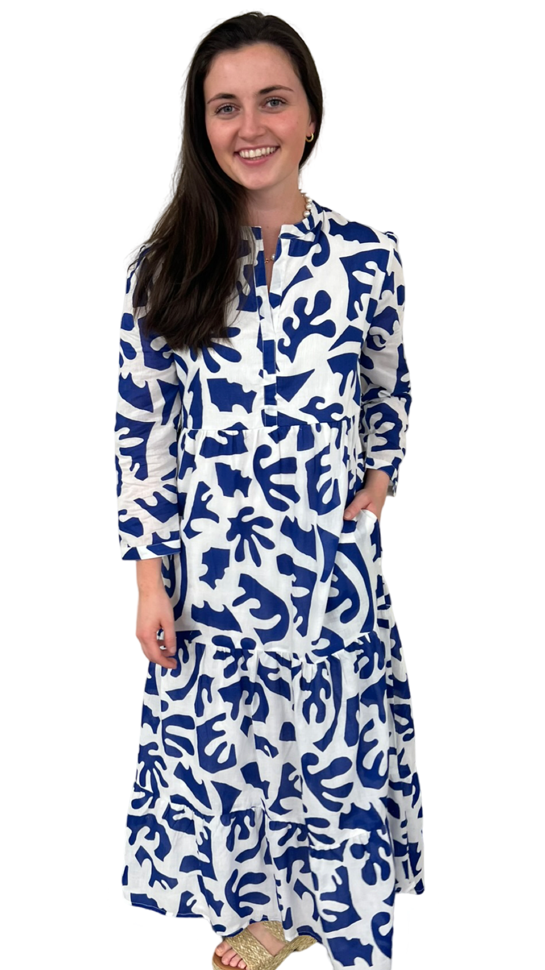 The Addison 3/4 Sleeve Long Dress in Royal and White — view 7