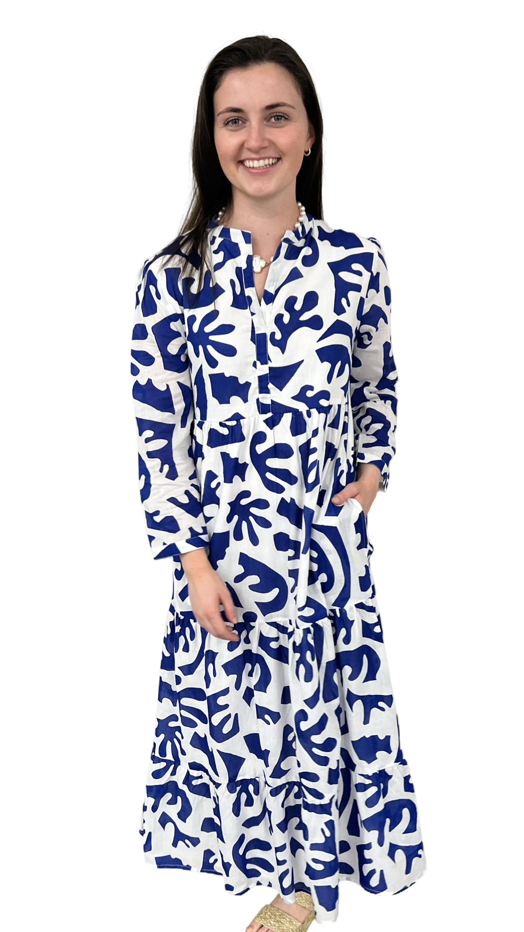 The Addison 3/4 Sleeve Long Dress in Royal and White — view 6