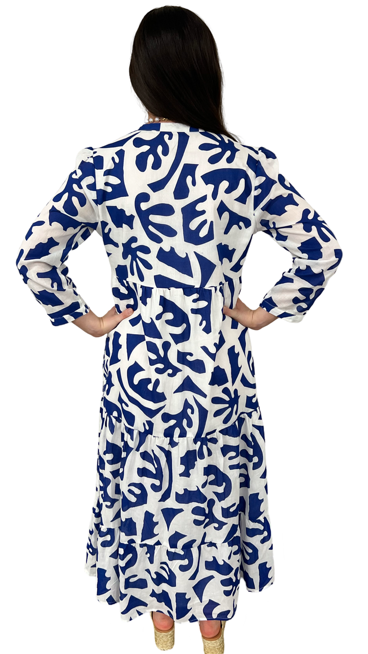 The Addison 3/4 Sleeve Long Dress in Royal and White — view 5