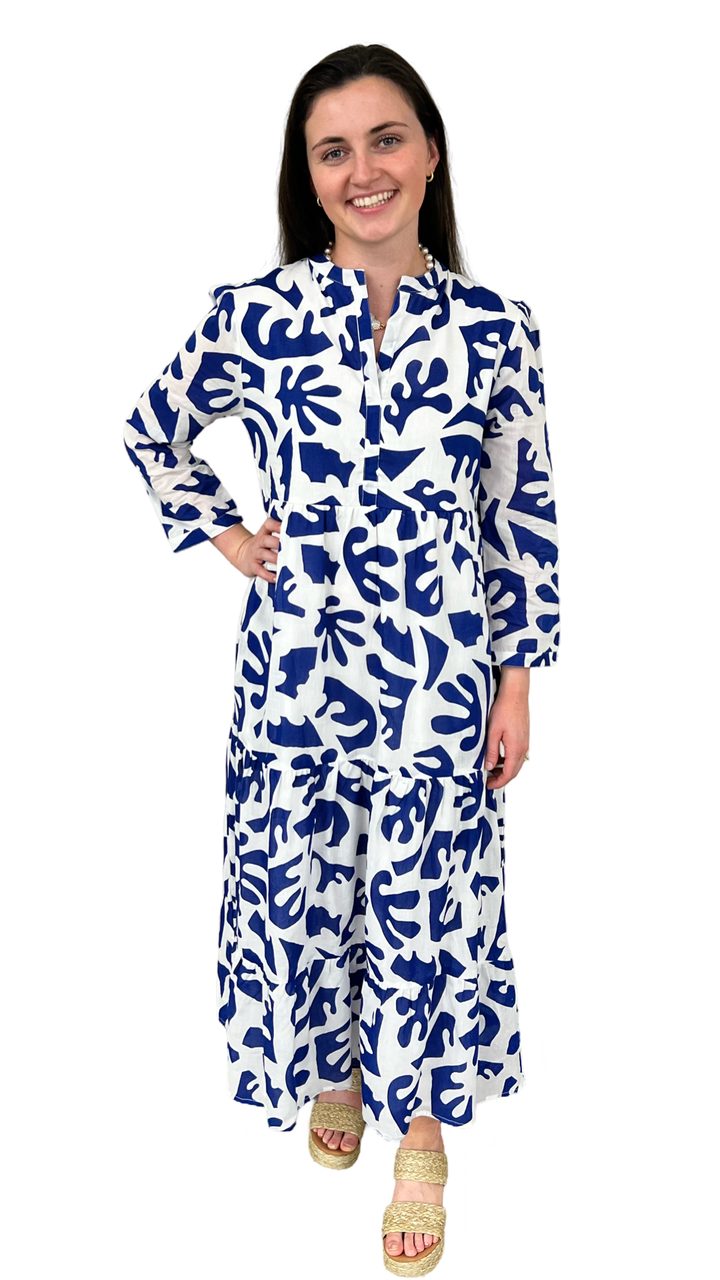 The Addison 3/4 Sleeve Long Dress in Royal and White — view 4