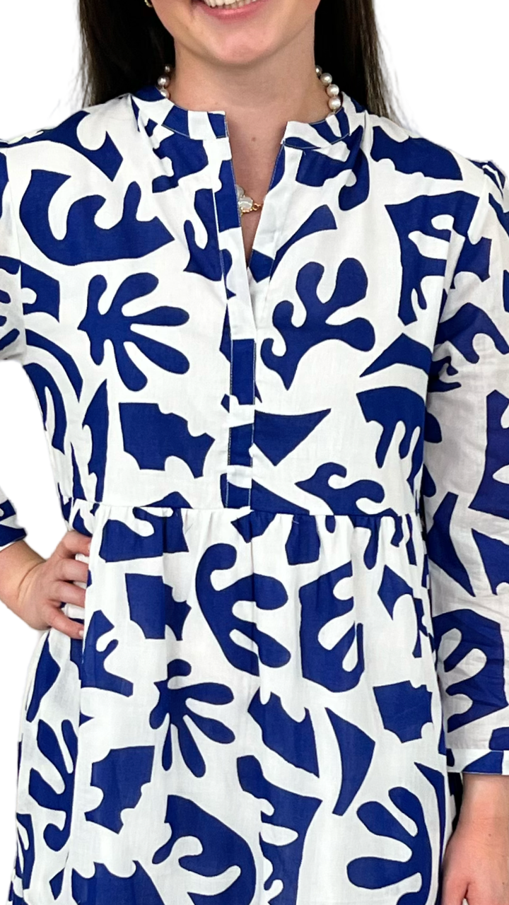 The Addison 3/4 Sleeve Long Dress in Royal and White — view 3