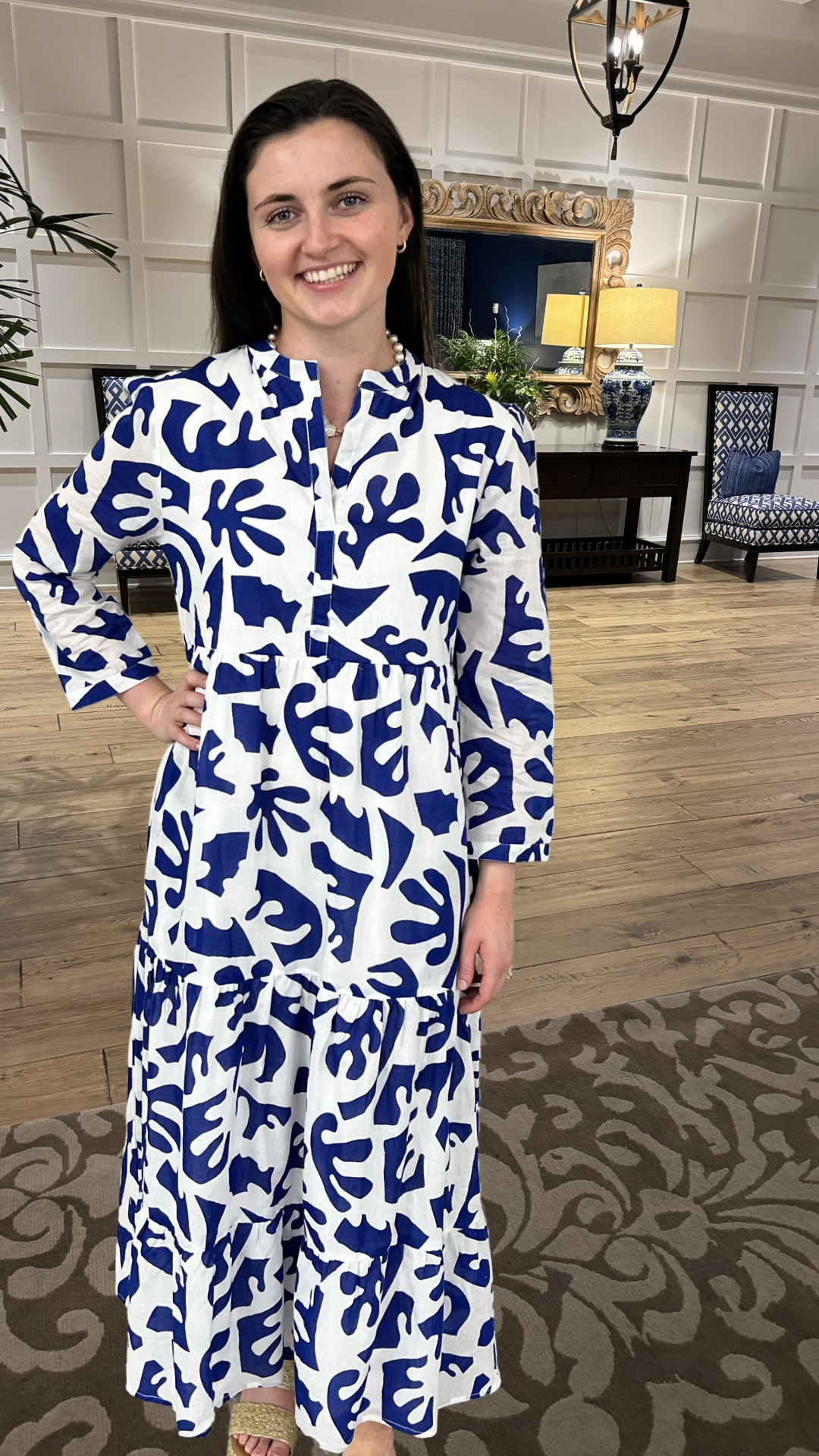The Addison 3/4 Sleeve Long Dress in Royal and White — view 8