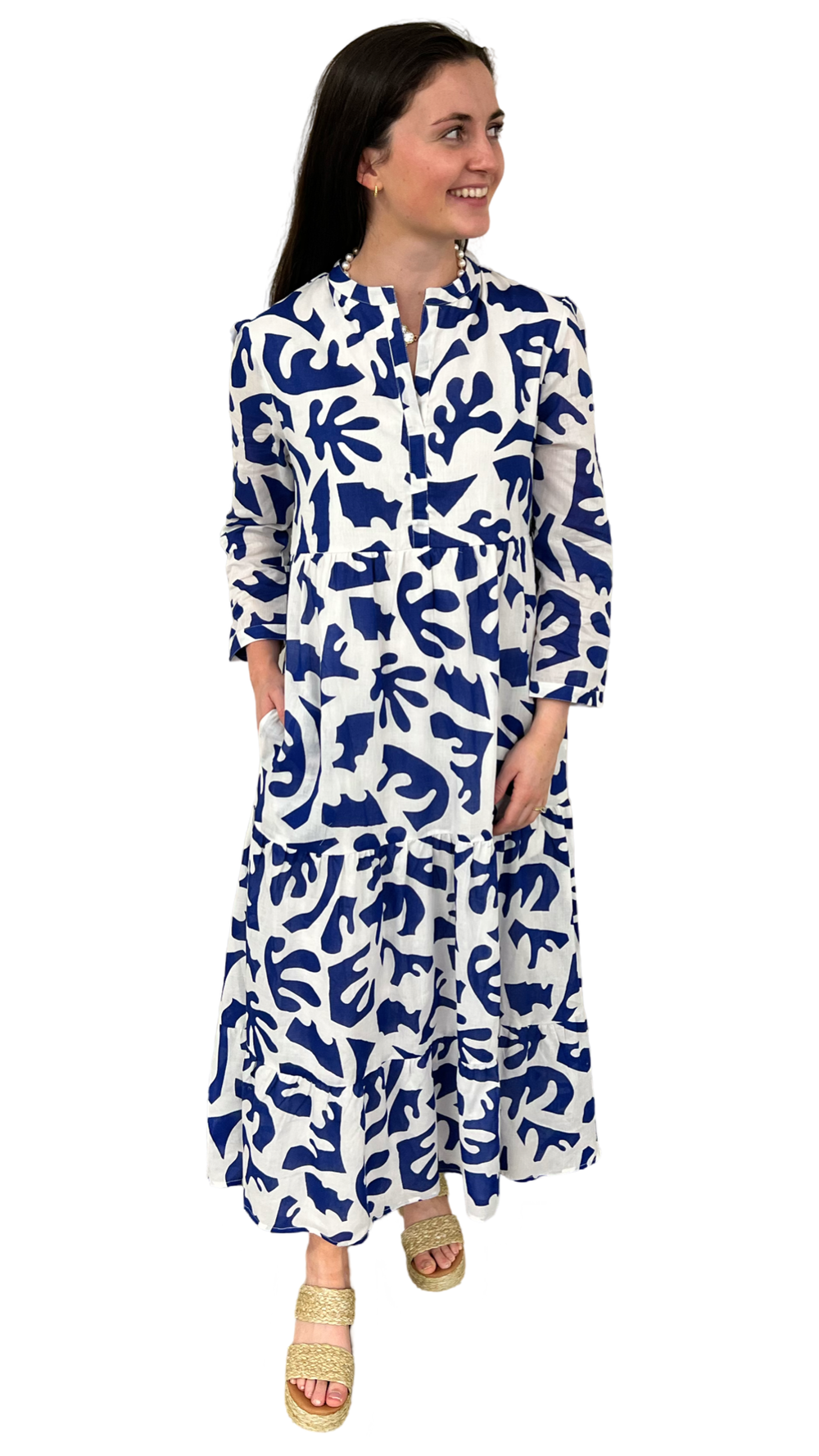 The Addison 3/4 Sleeve Long Dress in Royal and White — view 2