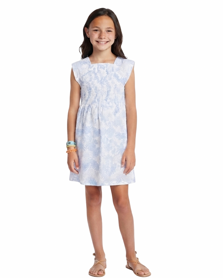 The Cloey Smocked Dress in Blue and White Palm Print