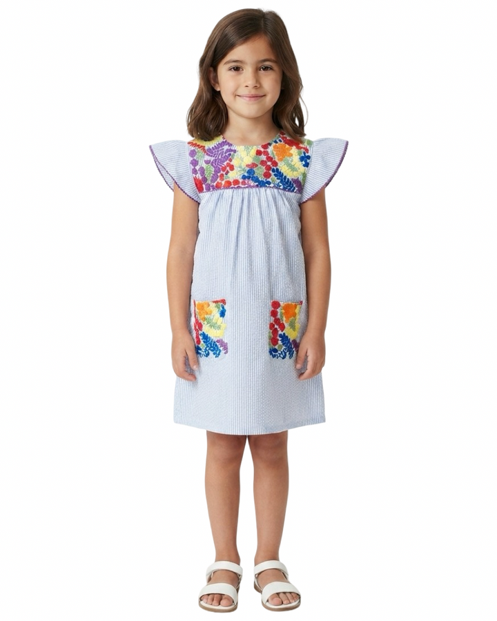 The Molleson Embroidered Flutter Sleeve Dress For Girls