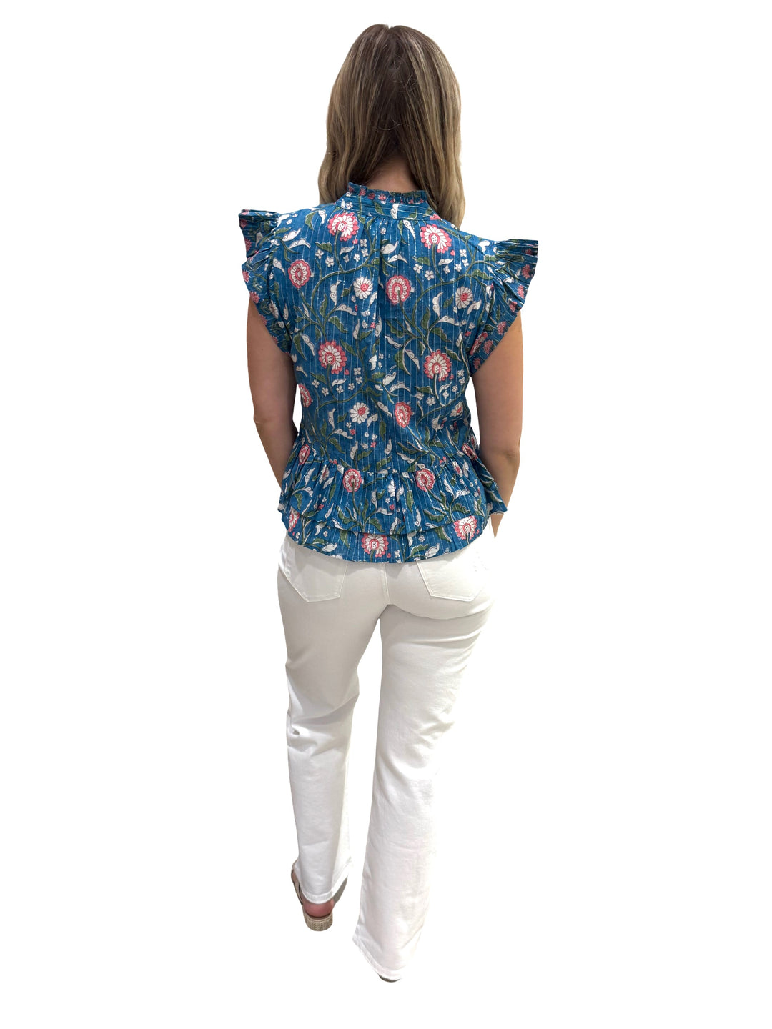 The Bella Flutter Sleeve Top in Blue Pink Metallic — view 5