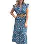 The Kara Long Length Skirt in Blue Pink Metallic Hand- Blocked Floral