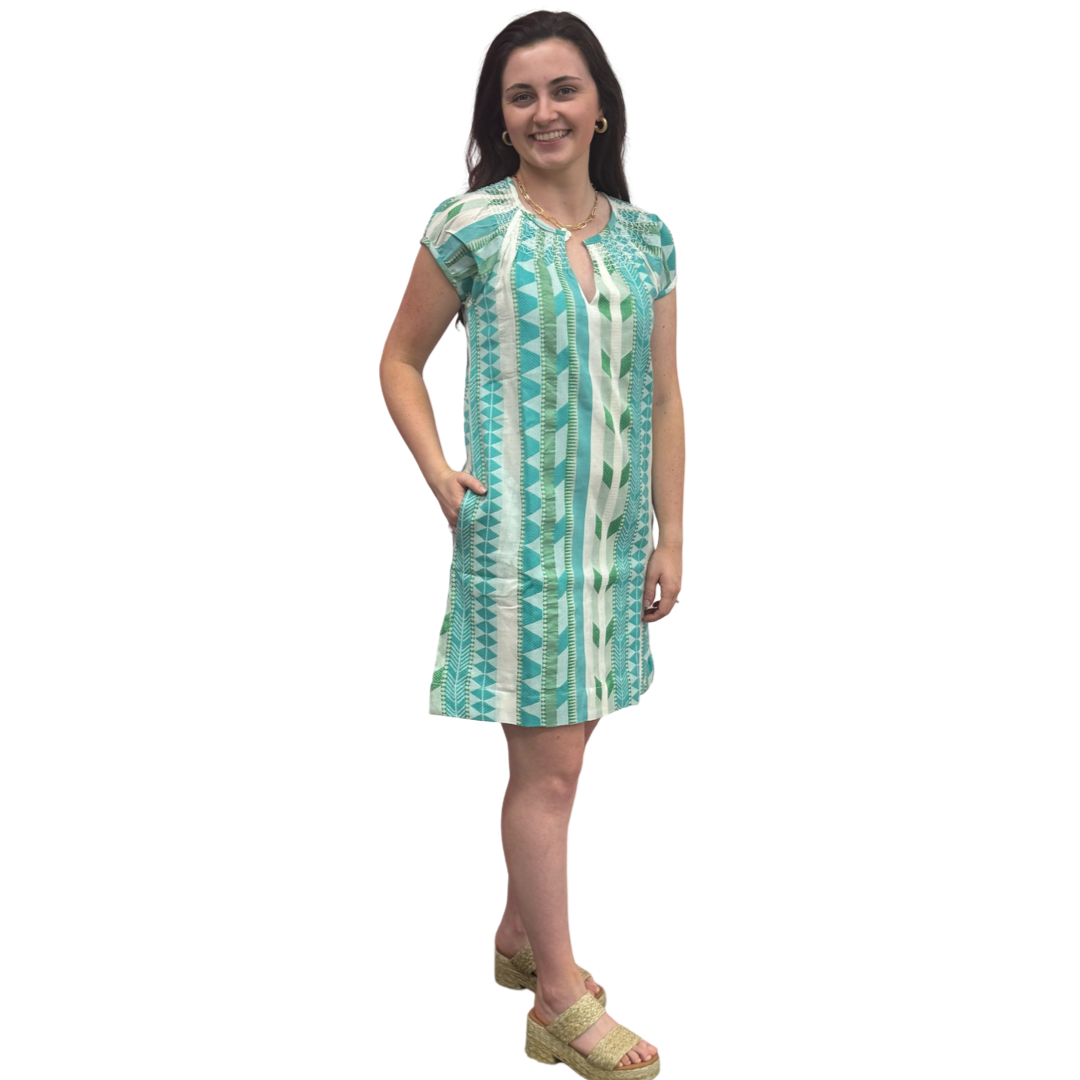 The Michelle Smocked Neck Dress in Turquoise Cream Jacquard — view 7