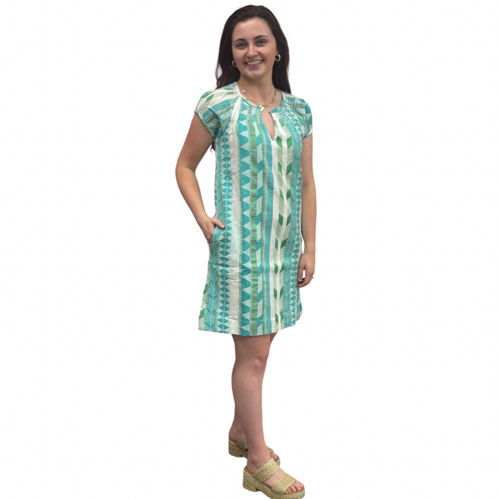 The Michelle Smocked Neck Dress in Turquoise Cream Jacquard — view 7