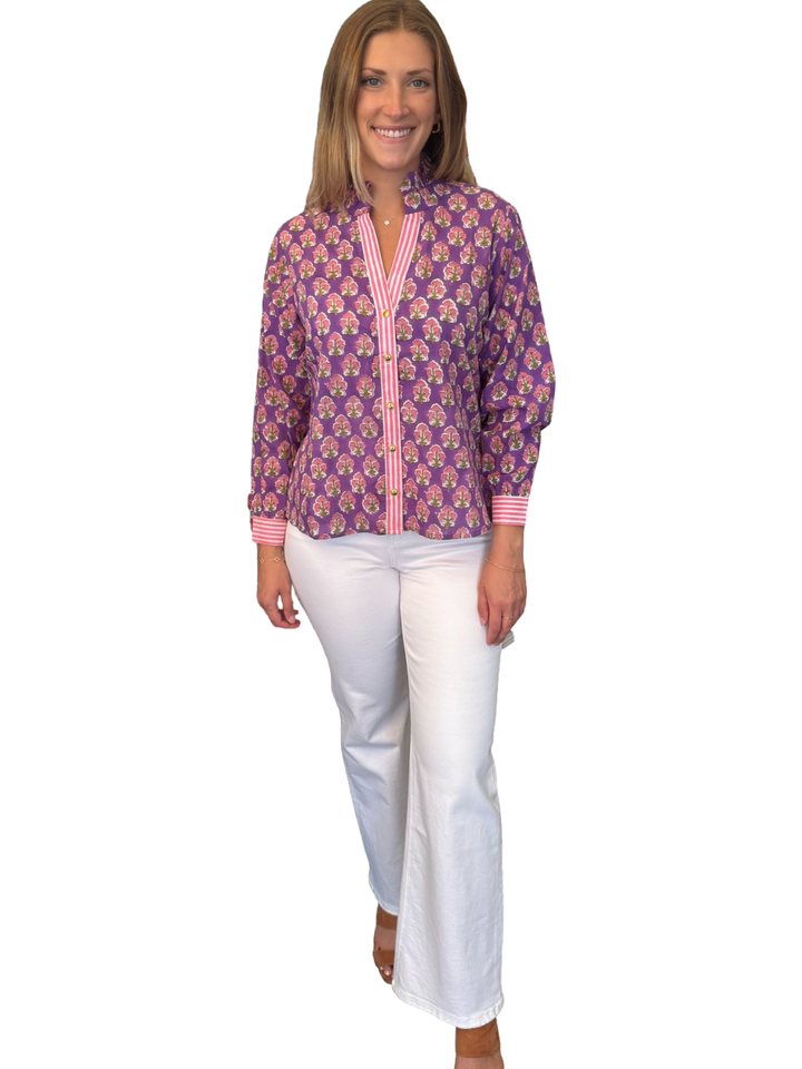 The Reynolds Cotton Hand Block Printed Top in Purple and Pink