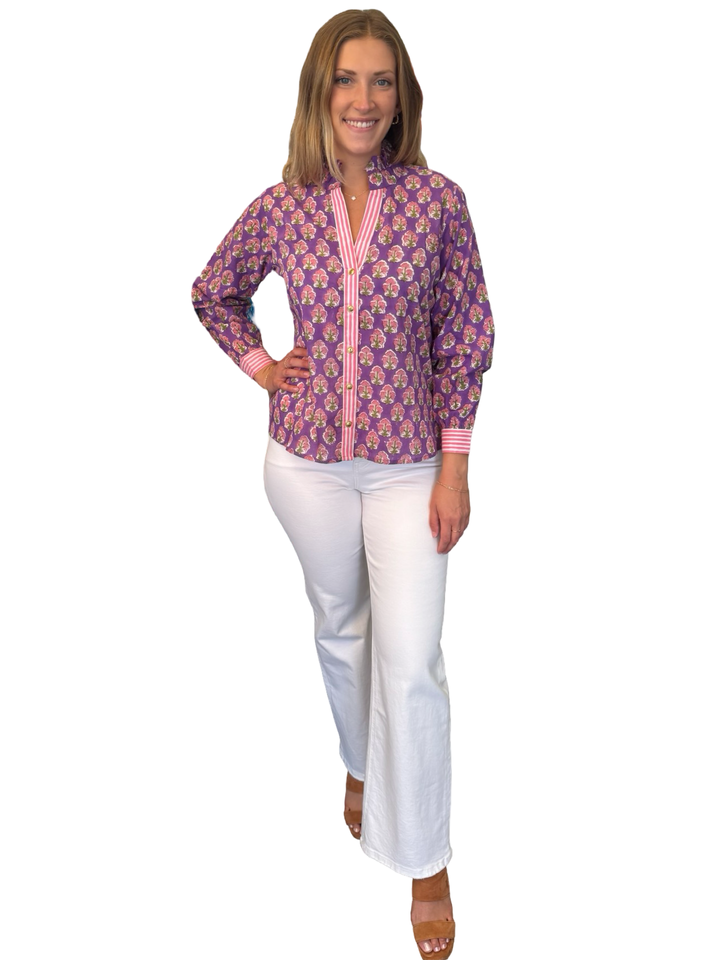 The Reynolds Cotton Hand Block Printed Top in Purple and Pink