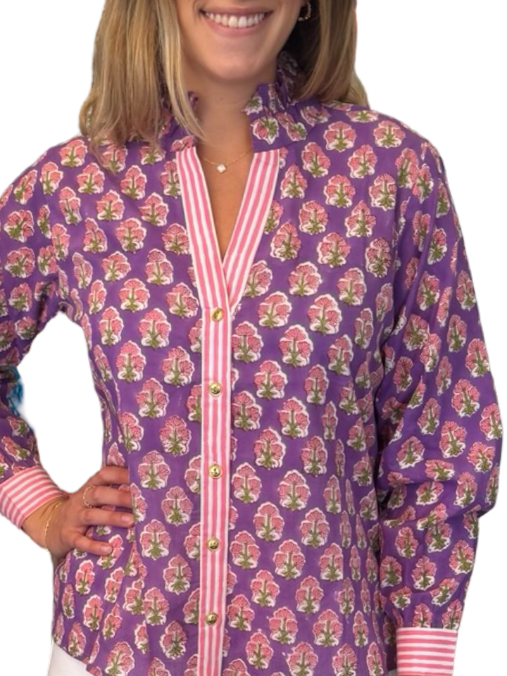 The Reynolds Cotton Hand Block Printed Top in Purple and Pink